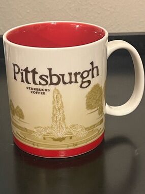 Starbucks White Mug with Red Interior and Gold City Design